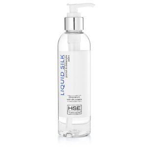 A bottle of HSE Liquid Silk Hair Polish Serum on a white background.