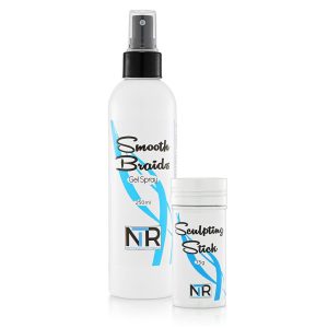 A bottle of NTR Smooth Braids and Sculpting Stick Combo next to a bottle of water.
