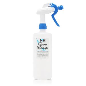 An NTR Make Up Sponge blue sprayer bottle on a white background.