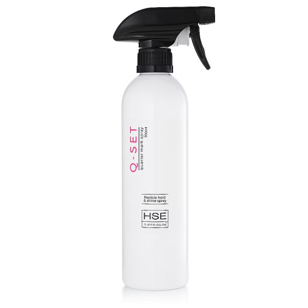A white bottle with a black cap labeled HSE Q-Set Quarter Mark Spray on a white background.