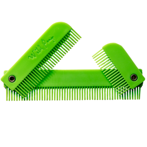 Two green plastic NTR Mane & Tail Shears on a white background.