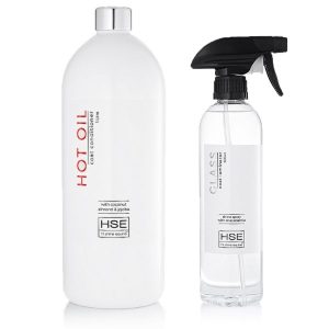 HSE Hot Oil & Glass Pro Coat Laminator Combo: A bottle of hot oil and a spray bottle for optimal cleaning and care.