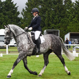 A woman riding a grey horse on a grassy field.