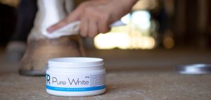 A person cleaning a horse's hoof with a jar of pure wine.