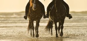 Two people riding horses on the beach.
