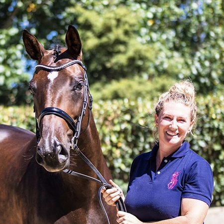 A woman in a blue shirt standing next to a brown horse.