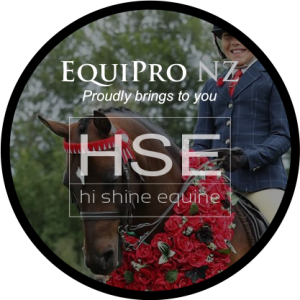 A person riding a horse adorned with red roses, under the text "EquiPro NZ proudly brings to you HSE hi shine equine.