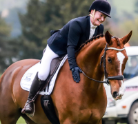 A woman riding a brown horse at an event.