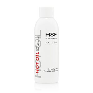 A bottle of HSE Hot Oil Coat Conditioner on a white background.