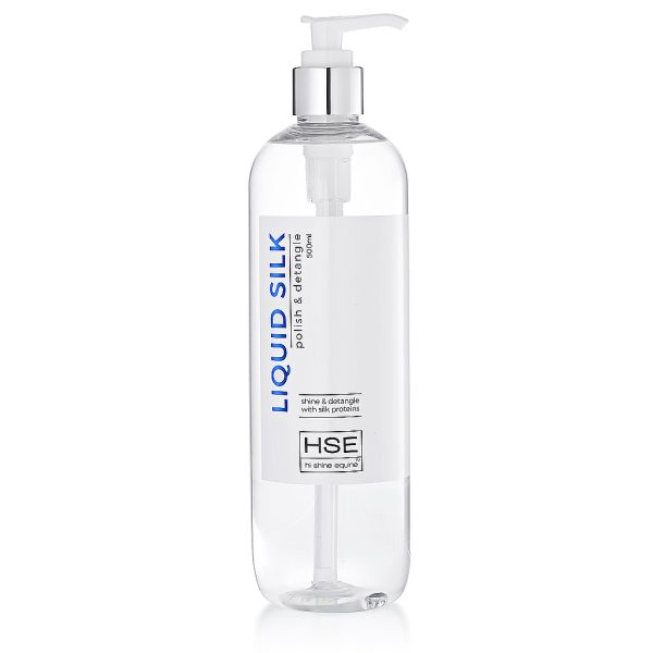 A bottle of HSE Liquid Silk Hair Polish Serum on a white background.