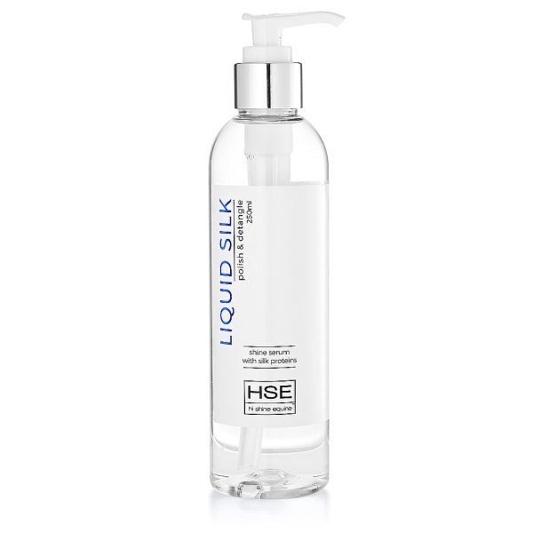 A bottle of HSE Liquid Silk Hair Polish Serum on a white background.