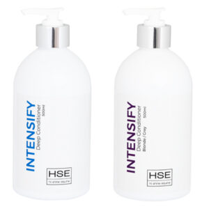 Two bottles of HSE Intensify Hair Treatment Mask with pump dispensers, one labeled "deep conditioner" and the other "balance conditioner.