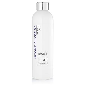 A bottle of HSE HiTone Silver X2's hyaluronic acid moisturizer enhanced with HiTone Silver.