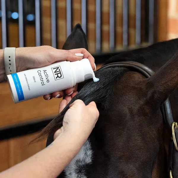 With an NTR Sheepskin Polishing Mitt, the individual softly massages "Active Control" cream into the mane of the horse near its neck inside.