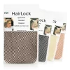 Four NTR HairLock hairnets in assorted colors are showcased in their packaging, each featuring a demonstration photo and text promoting their quick, neat, and easy usage.