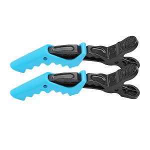 A pair of NTR Mane Sectioning Clips blue and black plastic grips on a white background.