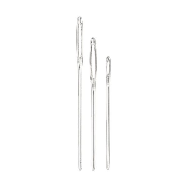 Three silver NTR Stainless Steel Plaiting Needles on a white background.