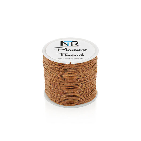 A spool of brown NTR Plaiting Thread on a white background.