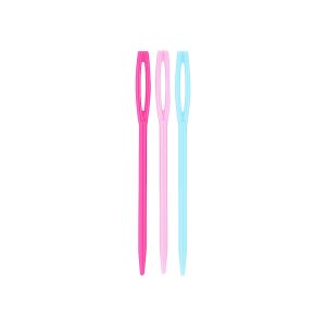 Three pink and blue NTR Plastic Plaiting Needles on a white background.