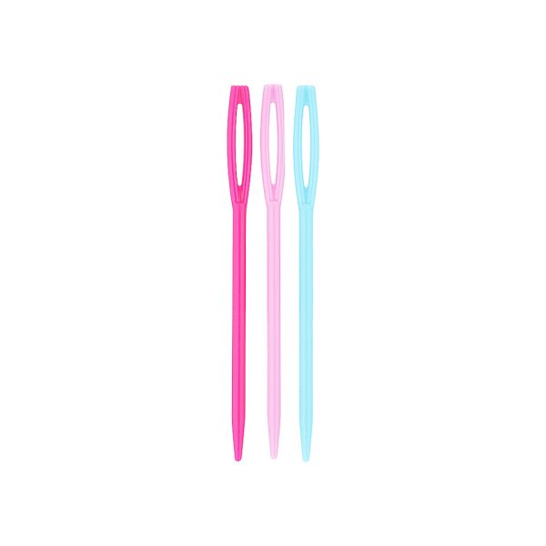 Three pink and blue NTR Plastic Plaiting Needles on a white background.