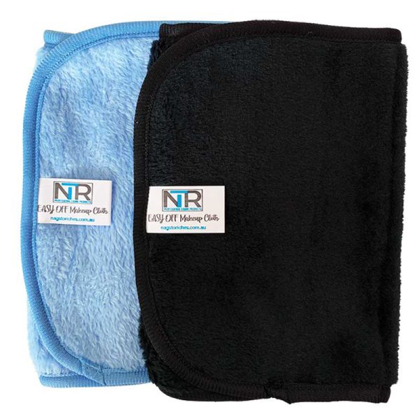Two black and blue NTR Easy Off Makeup Cloths with a label on them, ideal for makeup removal.