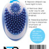 The back of a blue NTR Shampoo Brush with a barcode on it.
