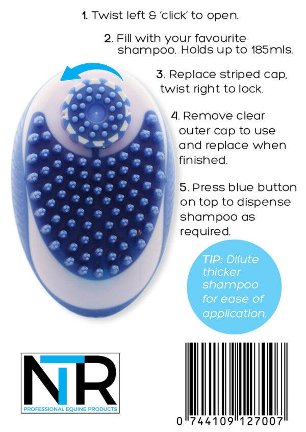 The back of a blue NTR Shampoo Brush with a barcode on it.