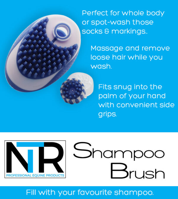 The NTR Shampoo Brush is shown on a blue background.