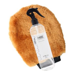 A bottle with the HSE Glass Pro Coat Laminator & Grooming Mitt Combo on top of it.