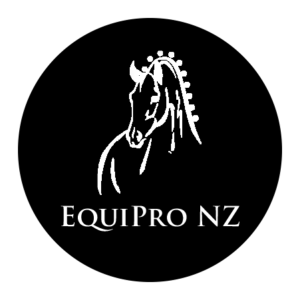 Logo of EquiPro NZ featuring a white horse head silhouette on a black background with the text "EquiPro NZ" beneath it.